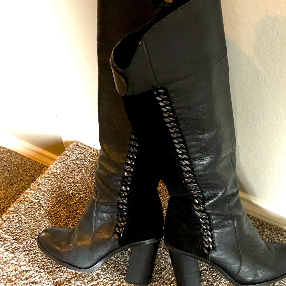 Black leather boots.  Knee length.  Gianni Bini.
